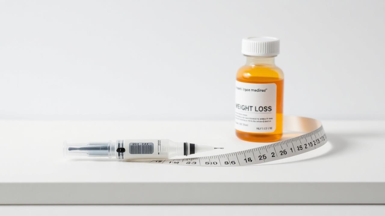Medical weight loss injection pen, prescription bottle and measuring tape