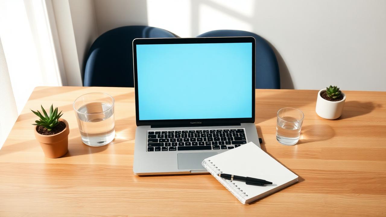 Laptop, notebook and water on a bright desk set up for a telehealth visit
