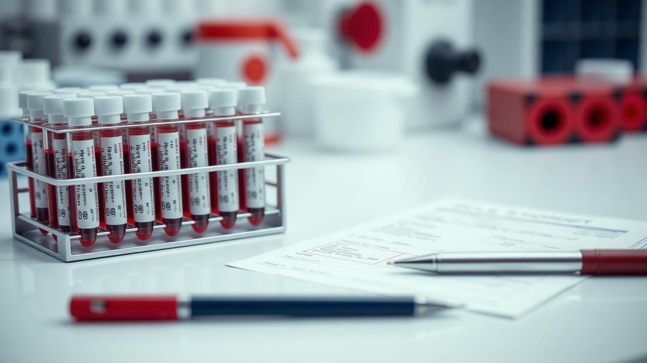Lab result report with blood sample tubes and a stethoscope